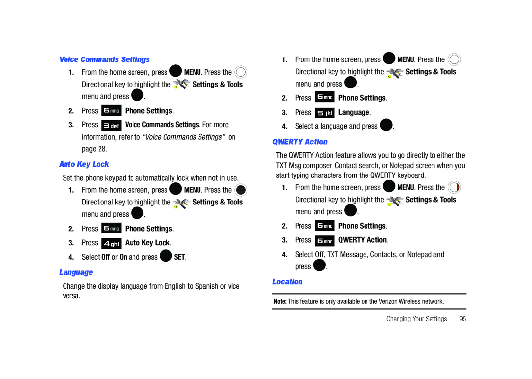 Samsung SCH-U450HAATLS user manual Auto Key Lock, Language, Qwerty Action, Location 