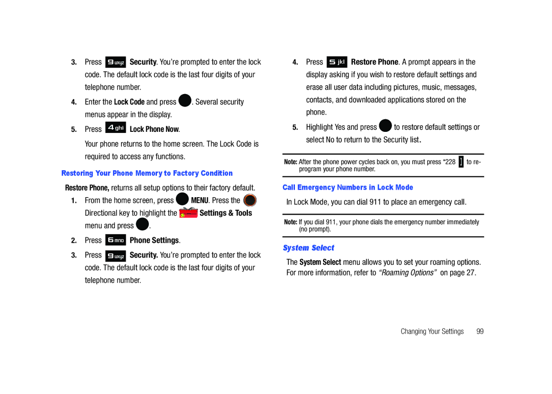 Samsung SCH-U450HAATLS user manual Press Lock Phone Now, System Select, Restoring Your Phone Memory to Factory Condition 