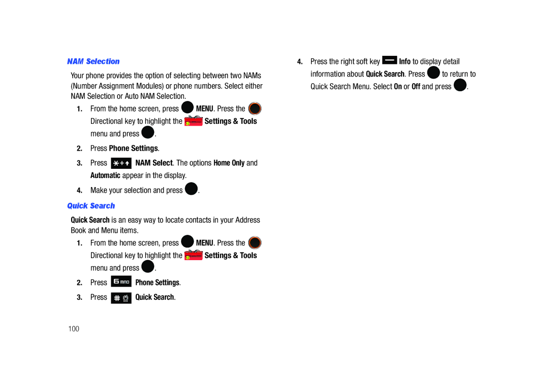 Samsung SCH-U450HAATLS user manual NAM Selection, Press Phone Settings Press Quick Search 