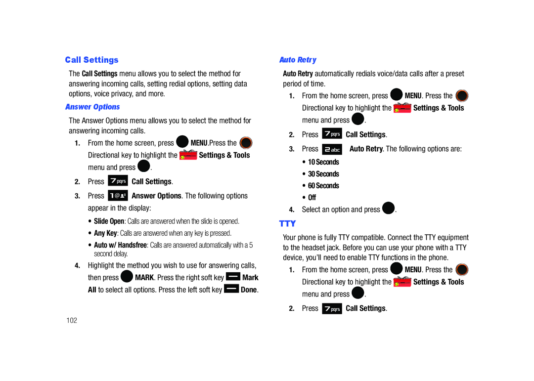 Samsung SCH-U450HAATLS user manual Answer Options, Auto Retry, Press Call Settings, Seconds Off 