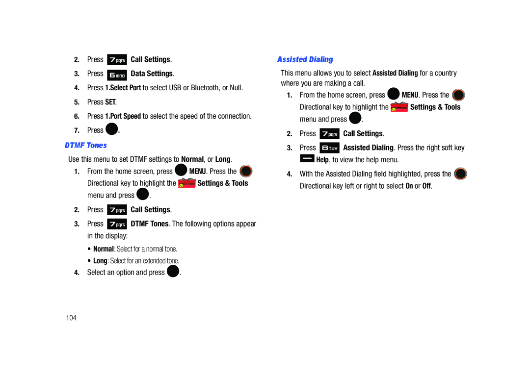 Samsung SCH-U450HAATLS user manual Press Call Settings Press Data Settings, Press SET, Dtmf Tones, Assisted Dialing 