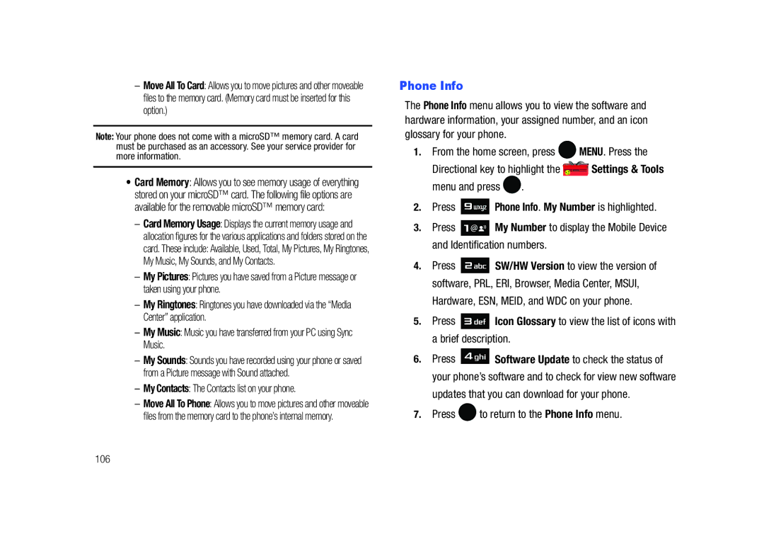 Samsung SCH-U450HAATLS Press to return to the Phone Info menu, Press Phone Info. My Number is highlighted, 106 