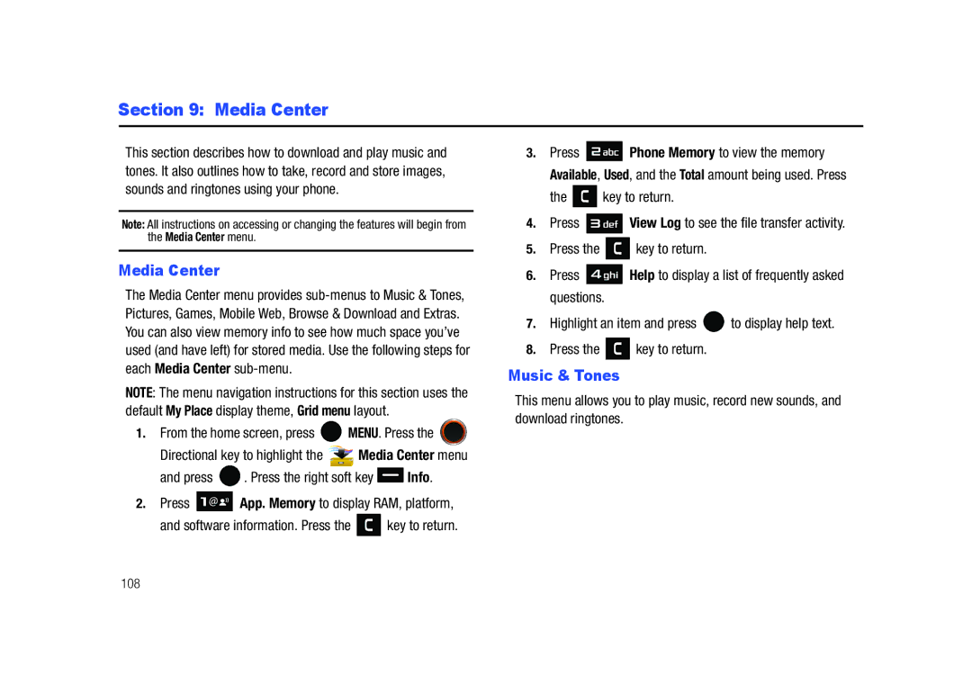 Samsung SCH-U450HAATLS user manual Media Center, Music & Tones, Press . Press the right soft key Info, Key to return 