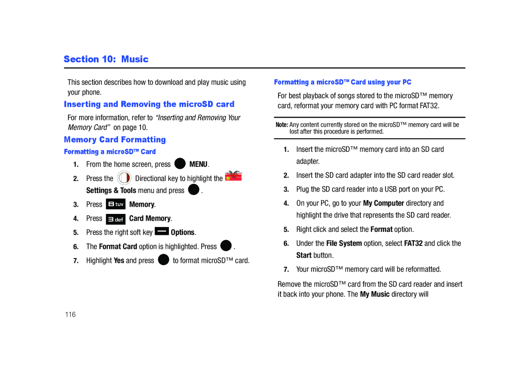 Samsung SCH-U450HAATLS user manual Music, Inserting and Removing the microSD card, Formatting a microSD Card 