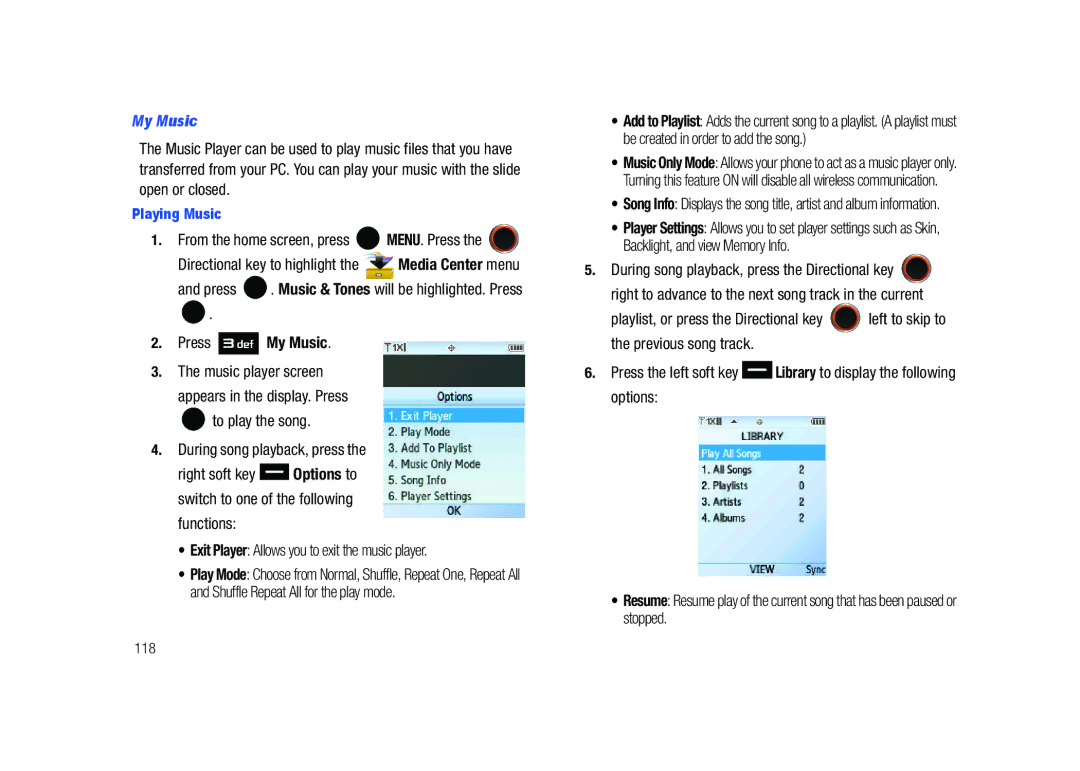Samsung SCH-U450HAATLS user manual Press My Music, Exit Player Allows you to exit the music player, Playing Music, 118 