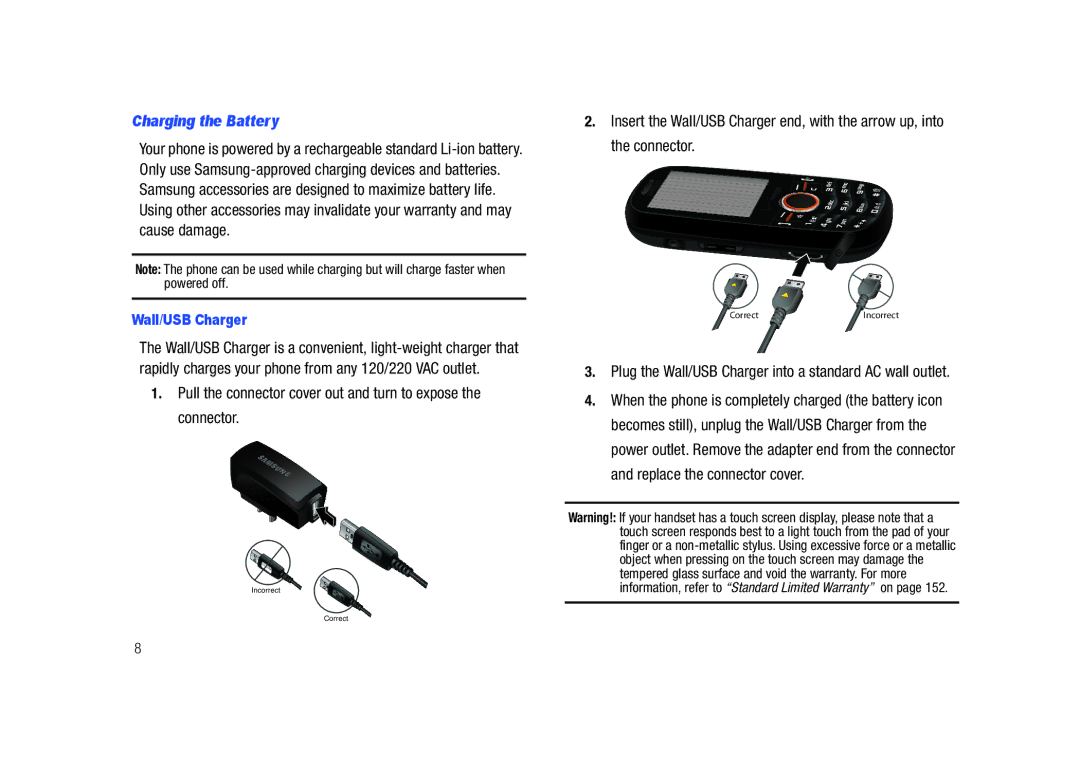 Samsung SCH-U450HAATLS user manual Charging the Battery, Plug the Wall/USB Charger into a standard AC wall outlet 