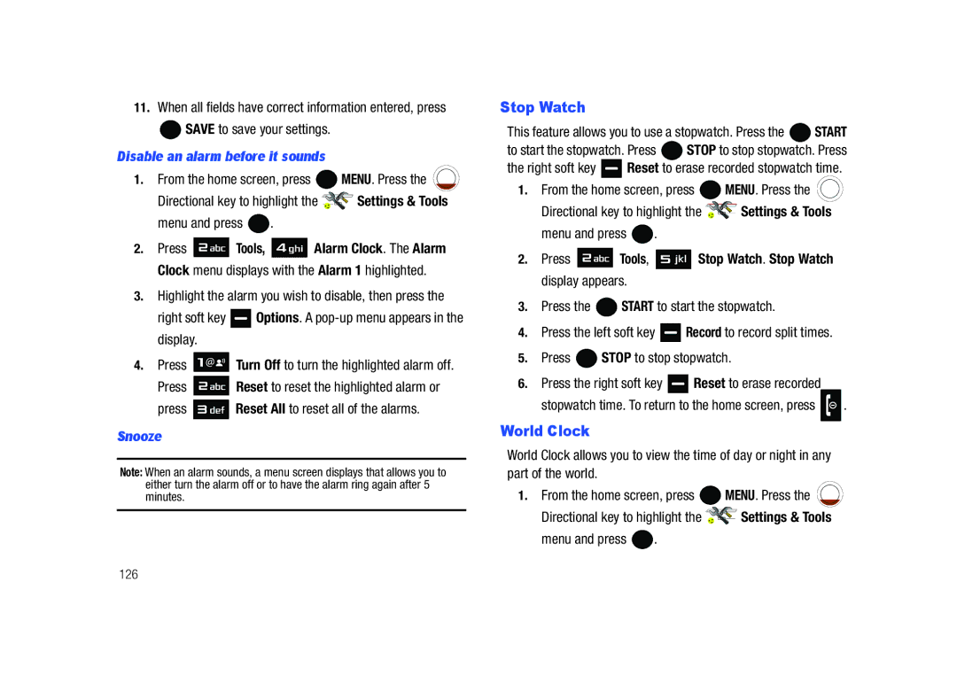 Samsung SCH-U450HAATLS user manual Stop Watch, World Clock, Disable an alarm before it sounds, Snooze 