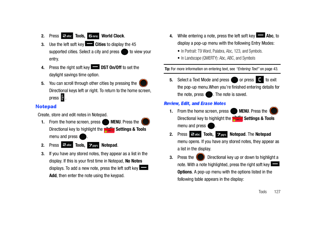 Samsung SCH-U450HAATLS user manual Press Tools, World Clock, Press Tools, Notepad, Review, Edit, and Erase Notes 