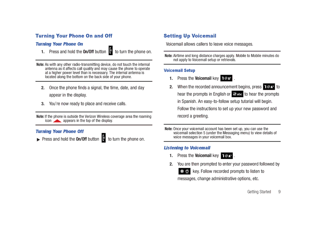 Samsung SCH-U450HAATLS Turning Your Phone On and Off, Setting Up Voicemail, Turning Your Phone Off, Listening to Voicemail 