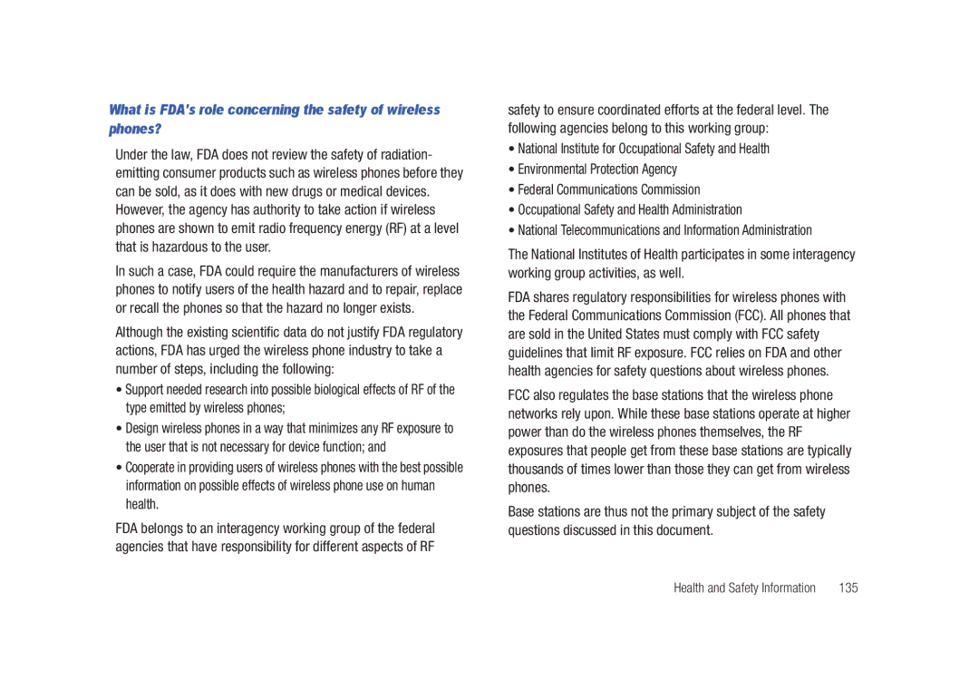 Samsung SCH-U450HAATLS user manual What is FDAs role concerning the safety of wireless phones?, 135 