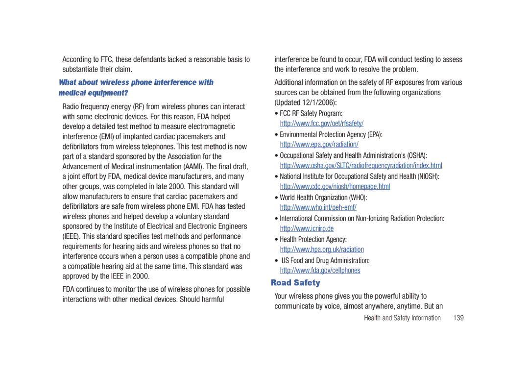 Samsung SCH-U450HAATLS user manual Road Safety, 139 