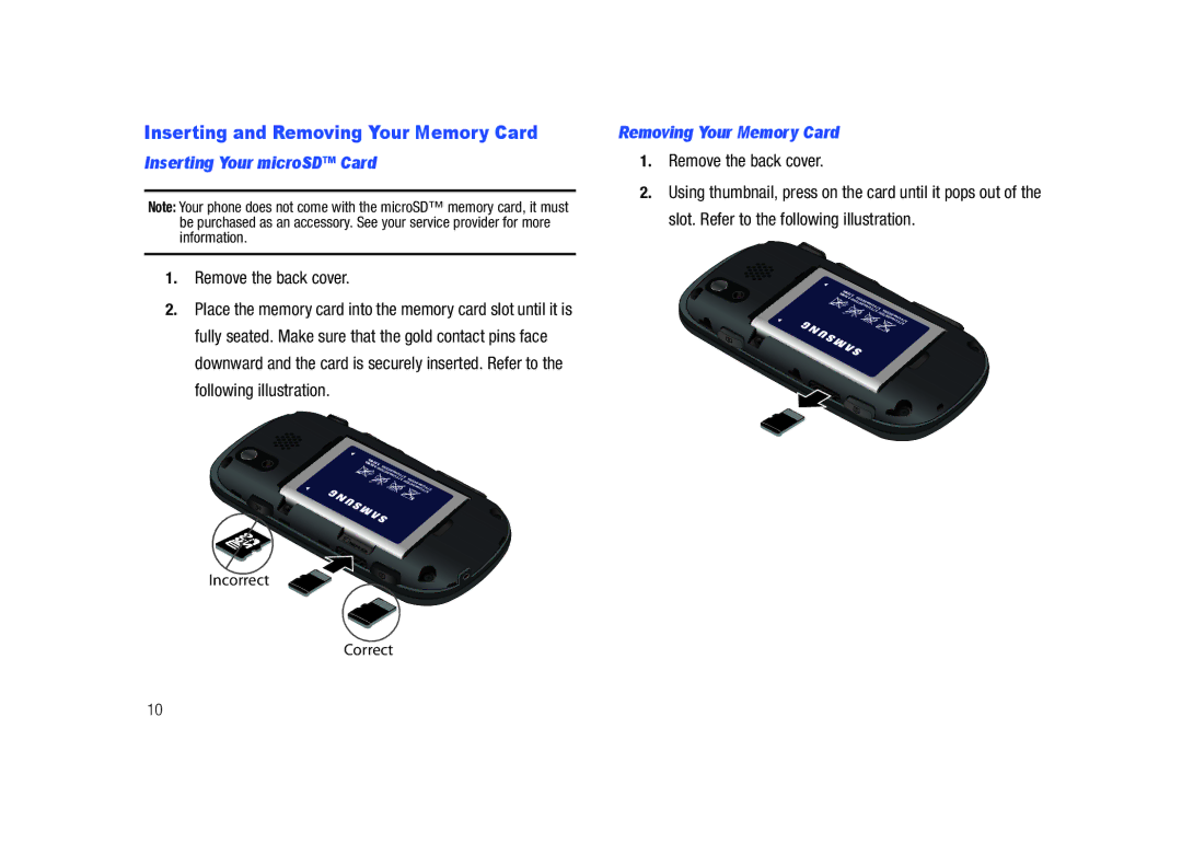 Samsung SCH-U450HAATLS Inserting and Removing Your Memory Card, Inserting Your microSD Card, Remove the back cover 