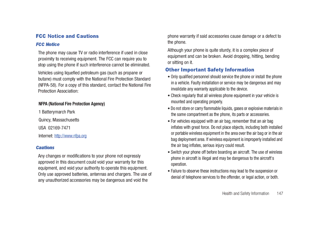 Samsung SCH-U450HAATLS FCC Notice and Cautions, Other Important Safety Information, Nfpa National Fire Protection Agency 