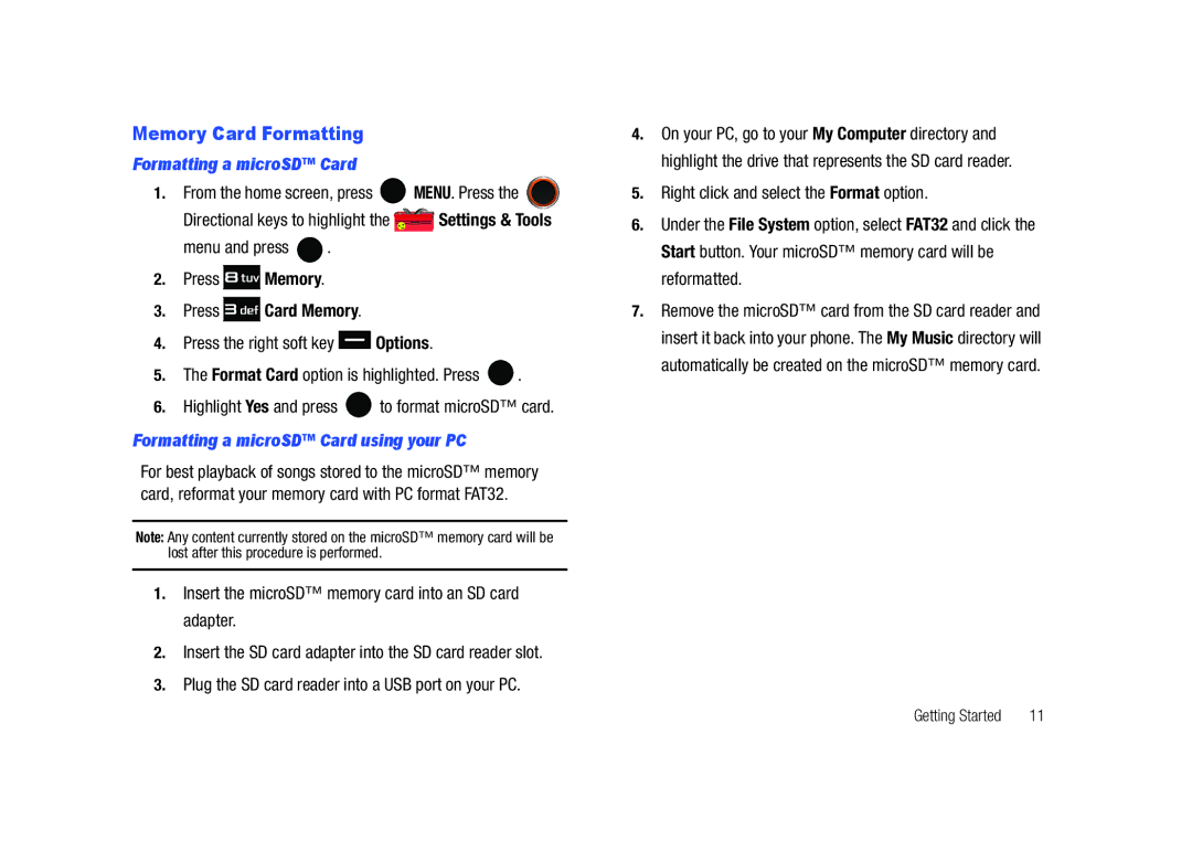Samsung SCH-U450HAATLS user manual Memory Card Formatting, Formatting a microSD Card, Press Card Memory 