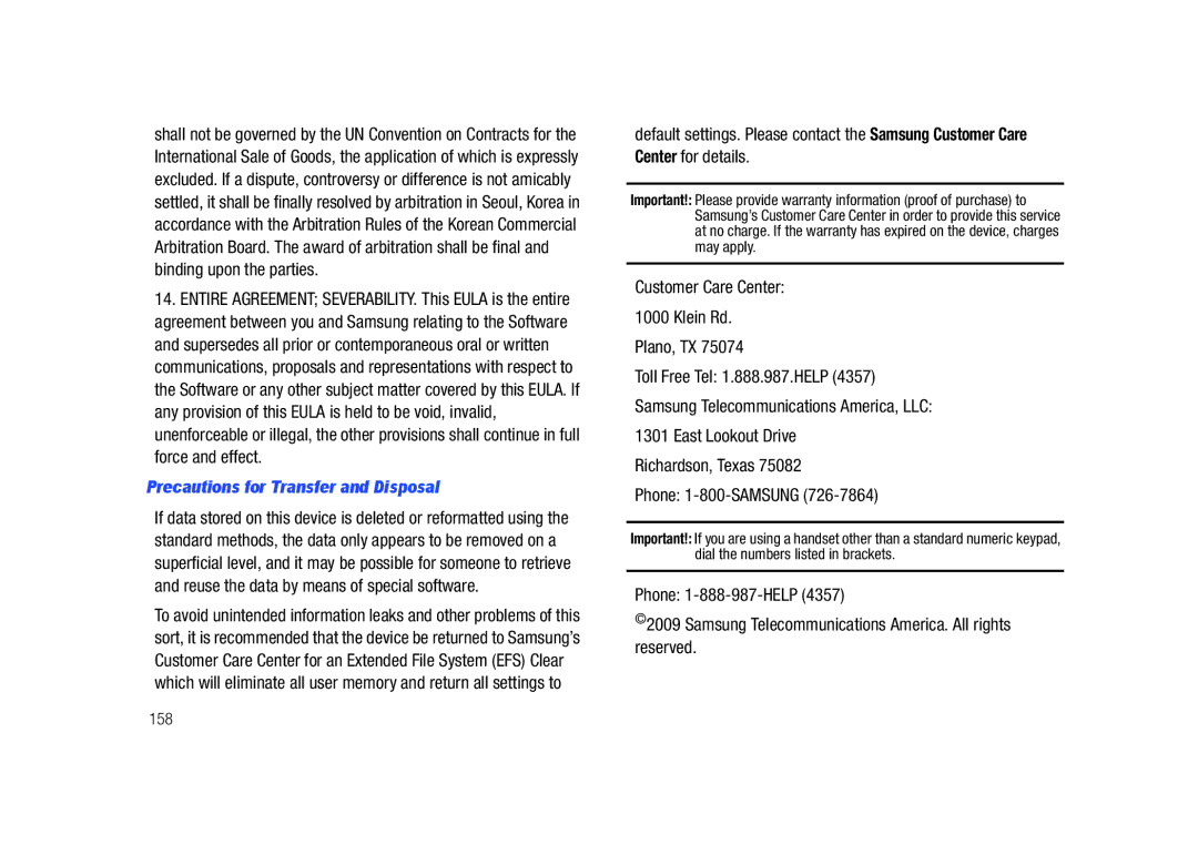 Samsung SCH-U450HAATLS user manual Precautions for Transfer and Disposal, Customer Care Center Klein Rd Plano, TX, 158 