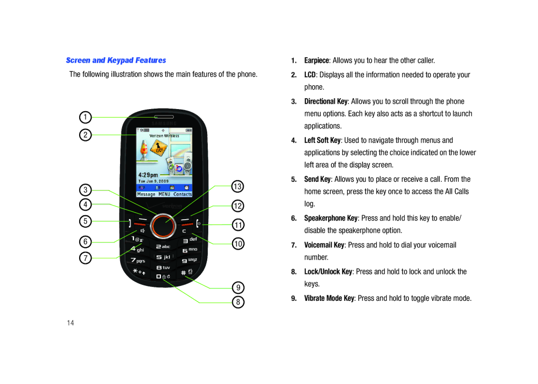 Samsung SCH-U450HAATLS user manual Screen and Keypad Features, Following illustration shows the main features of the phone 