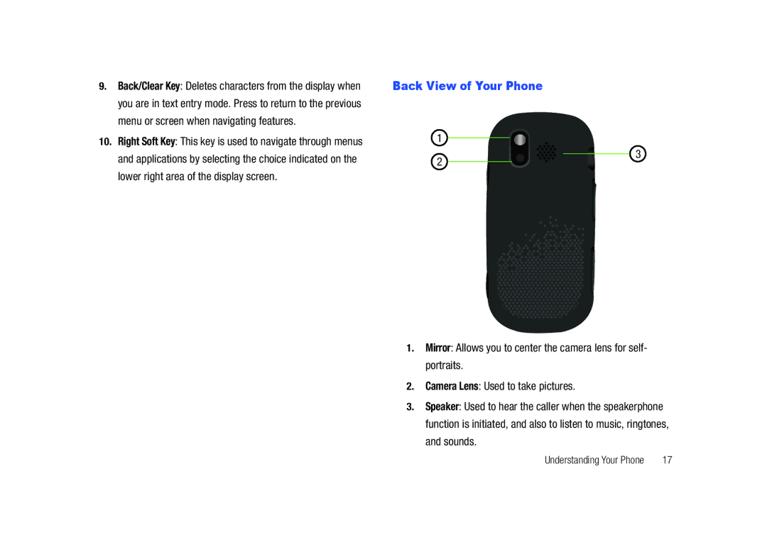 Samsung SCH-U450HAATLS user manual Back View of Your Phone, Lower right area of the display screen 