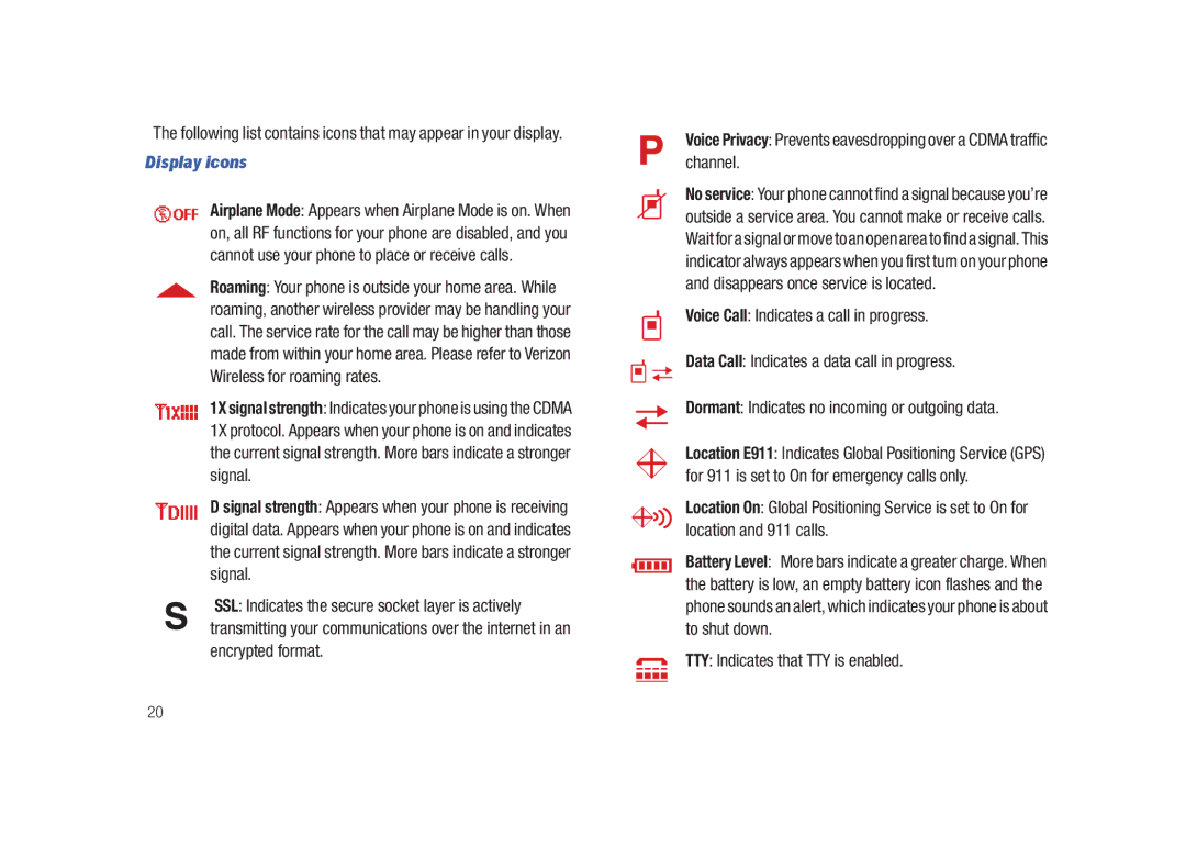 Samsung SCH-U450HAATLS user manual Display icons, TTY Indicates that TTY is enabled 