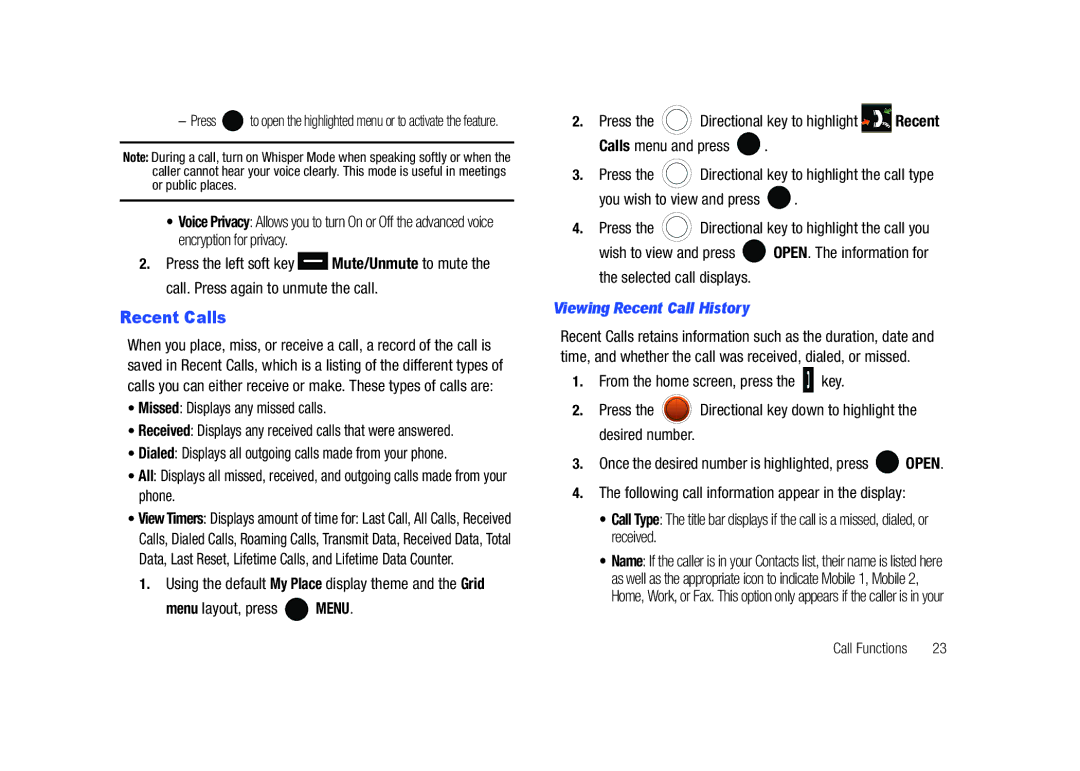 Samsung SCH-U450HAATLS user manual Recent Calls, Missed Displays any missed calls, Viewing Recent Call History 