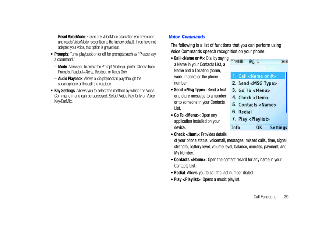 Samsung SCH-U450HAATLS user manual Voice Commands, Check Item Provides details 