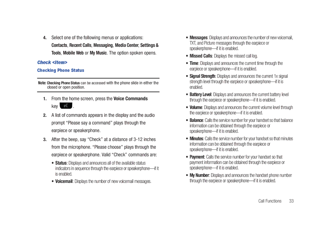 Samsung SCH-U450HAATLS user manual Check Item, Missed Calls Displays the missed call log, Checking Phone Status 