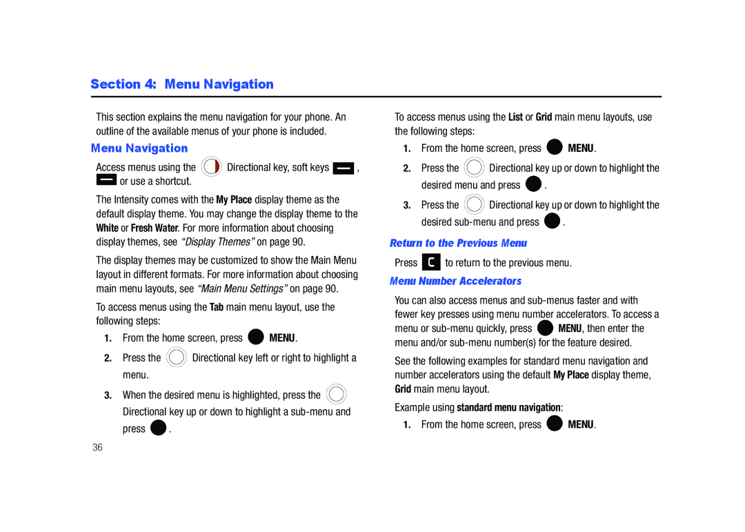 Samsung SCH-U450HAATLS user manual Menu Navigation, Return to the Previous Menu, Menu Number Accelerators 