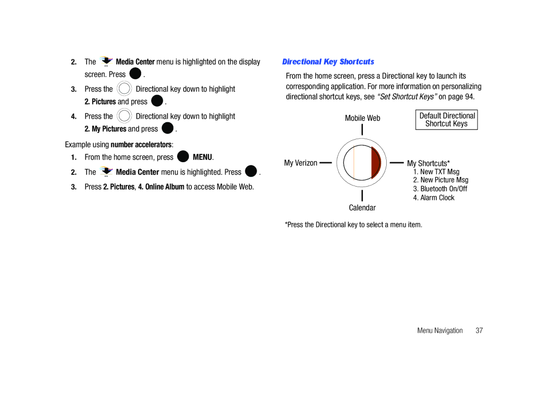 Samsung SCH-U450HAATLS My Pictures and press Example using number accelerators, Directional Key Shortcuts, Mobile Web 
