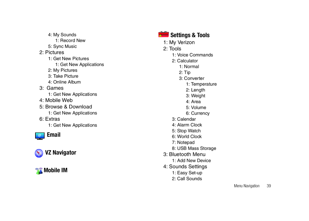 Samsung SCH-U450HAATLS user manual VZ Navigator Mobile IM Settings & Tools 