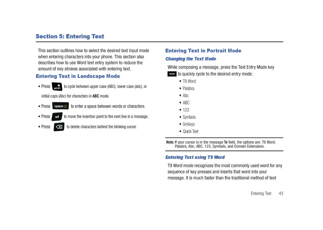 Samsung SCH-U450HAATLS Entering Text in Landscape Mode, Entering Text in Portrait Mode, Changing the Text Mode 