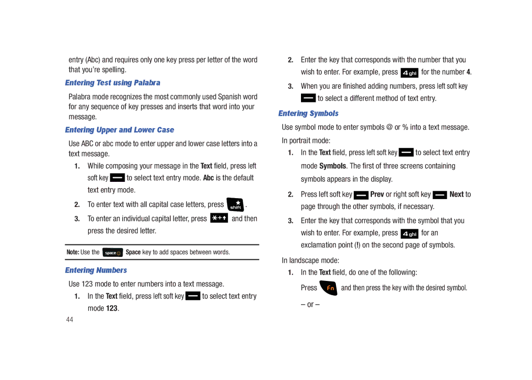 Samsung SCH-U450HAATLS Entering Test using Palabra, Entering Upper and Lower Case, Entering Numbers, Entering Symbols 