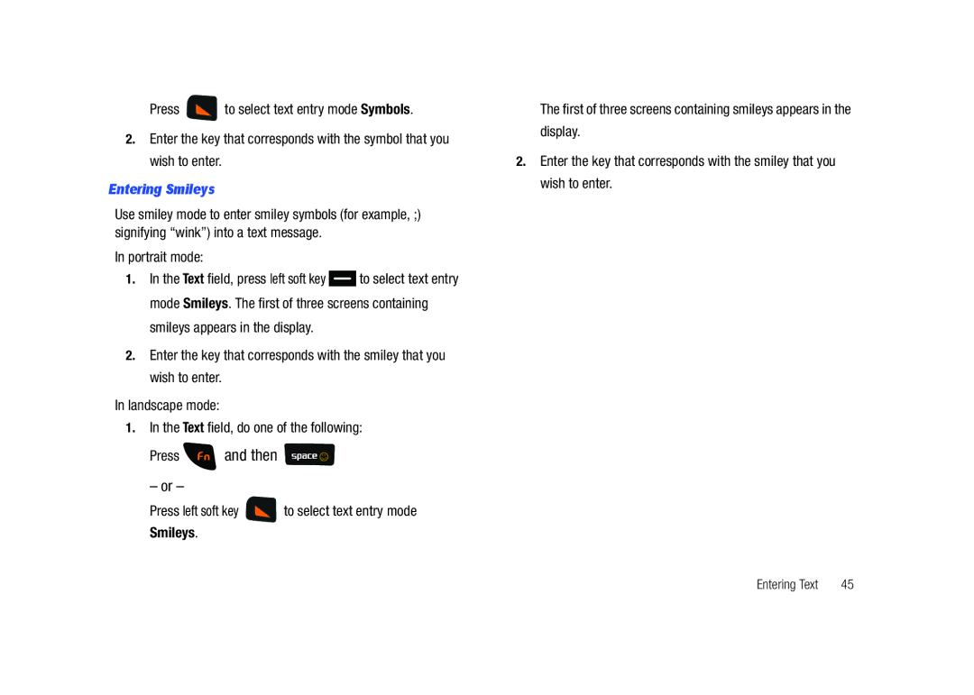 Samsung SCH-U450HAATLS user manual Entering Smileys, Portrait mode, Press left soft key to select text entry mode 