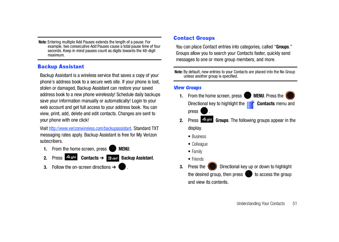 Samsung SCH-U450HAATLS user manual Backup Assistant, Contact Groups, Follow the on-screen directions, View Groups 