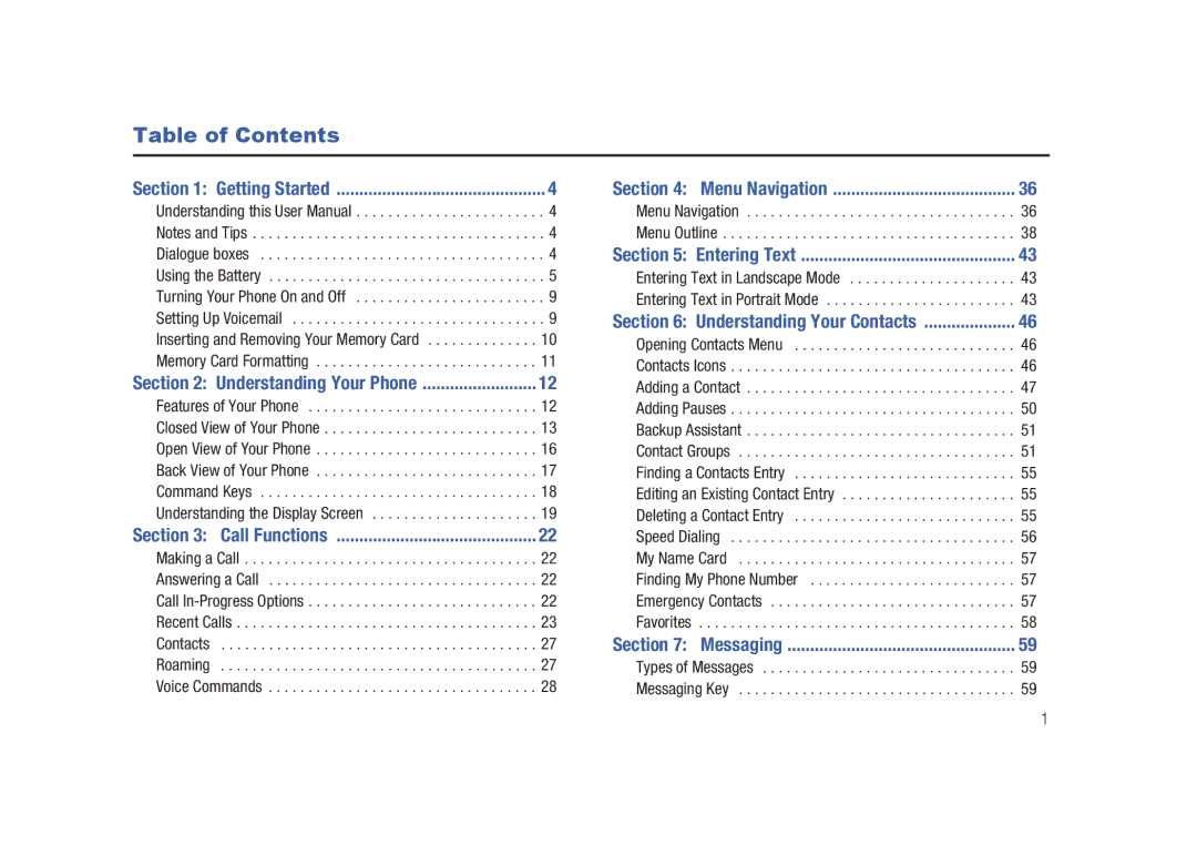 Samsung SCH-U450HAATLS user manual Table of Contents 