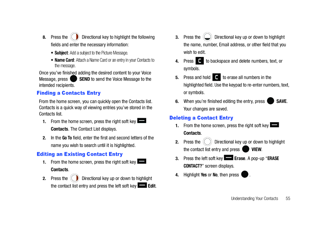 Samsung SCH-U450HAATLS user manual Finding a Contacts Entry, Editing an Existing Contact Entry, Deleting a Contact Entry 