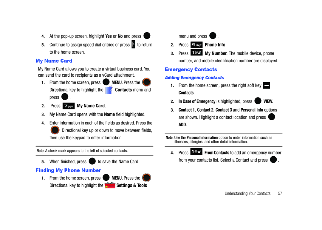 Samsung SCH-U450HAATLS user manual My Name Card, Finding My Phone Number, Adding Emergency Contacts 