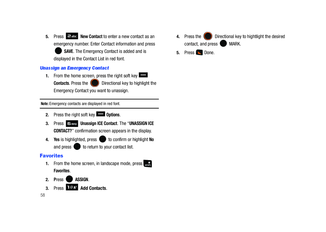 Samsung SCH-U450HAATLS user manual Favorites, Unassign an Emergency Contact, Press Assign Press Add Contacts 