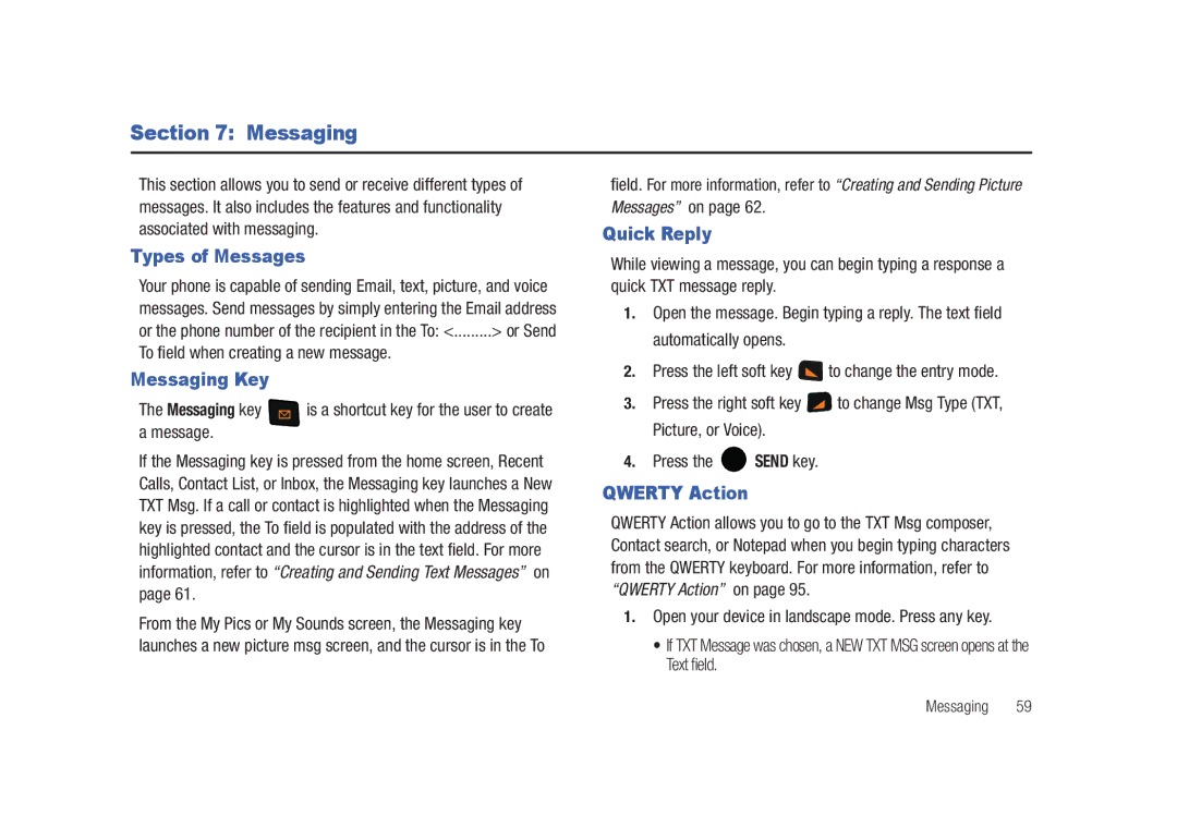 Samsung SCH-U450HAATLS user manual Types of Messages, Messaging Key, Quick Reply, Qwerty Action 