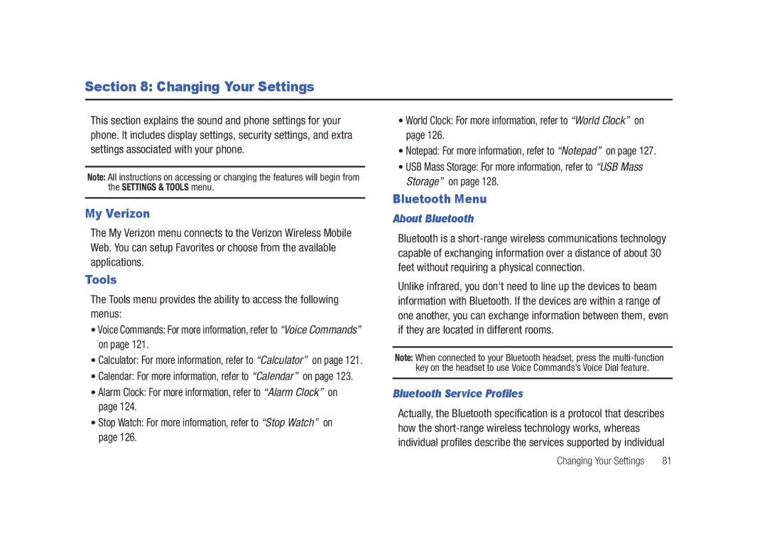 Samsung SCH-U450HAATLS user manual Changing Your Settings, My Verizon, Tools, Bluetooth Menu 