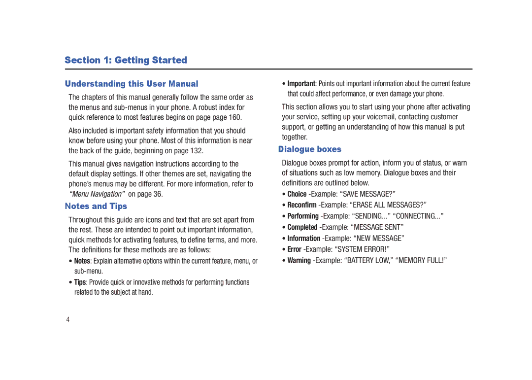 Samsung SCH-U450HAATLS user manual Getting Started, Dialogue boxes 