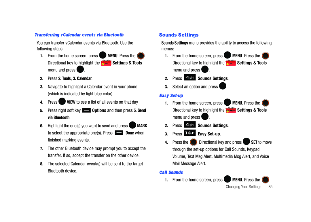 Samsung SCH-U450HAATLS user manual Sounds Settings, Transferring vCalendar events via Bluetooth, Easy Set-up, Call Sounds 