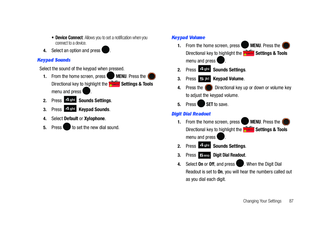 Samsung SCH-U450HAATLS user manual Keypad Sounds, Press Sounds Settings Press Keypad Volume, Digit Dial Readout 