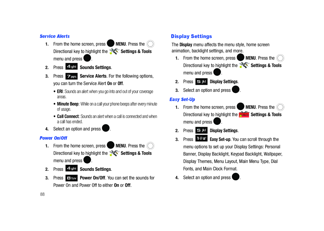 Samsung SCH-U450HAATLS user manual Service Alerts, Power On/Off, Press Display Settings 