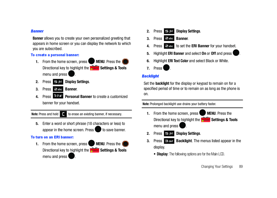 Samsung SCH-U450HAATLS user manual Press Banner, Highlight ERI Text Color and select Black or White Press, Backlight 