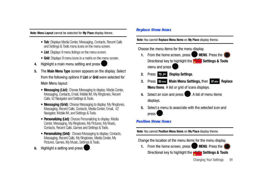 Samsung SCH-U450HAATLS user manual Replace Menu Items, Position Menu Items 