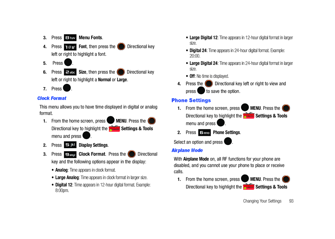 Samsung SCH-U450HAATLS Phone Settings, Press Menu Fonts, Clock Format, Analog Time appears in clock format, Airplane Mode 