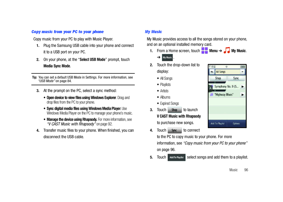 Samsung SCH-U820ZKAVZW Copy music from your PC to your phone, To launch, Cast Music with Rhapsody, To purchase new songs 