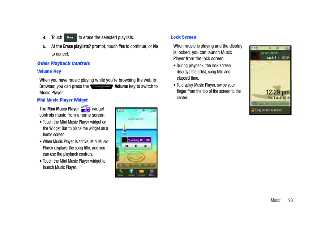 Samsung SCH-U820ZKAVZW, GH68-26940A user manual Other Playback Controls, Mini Music Player widget 