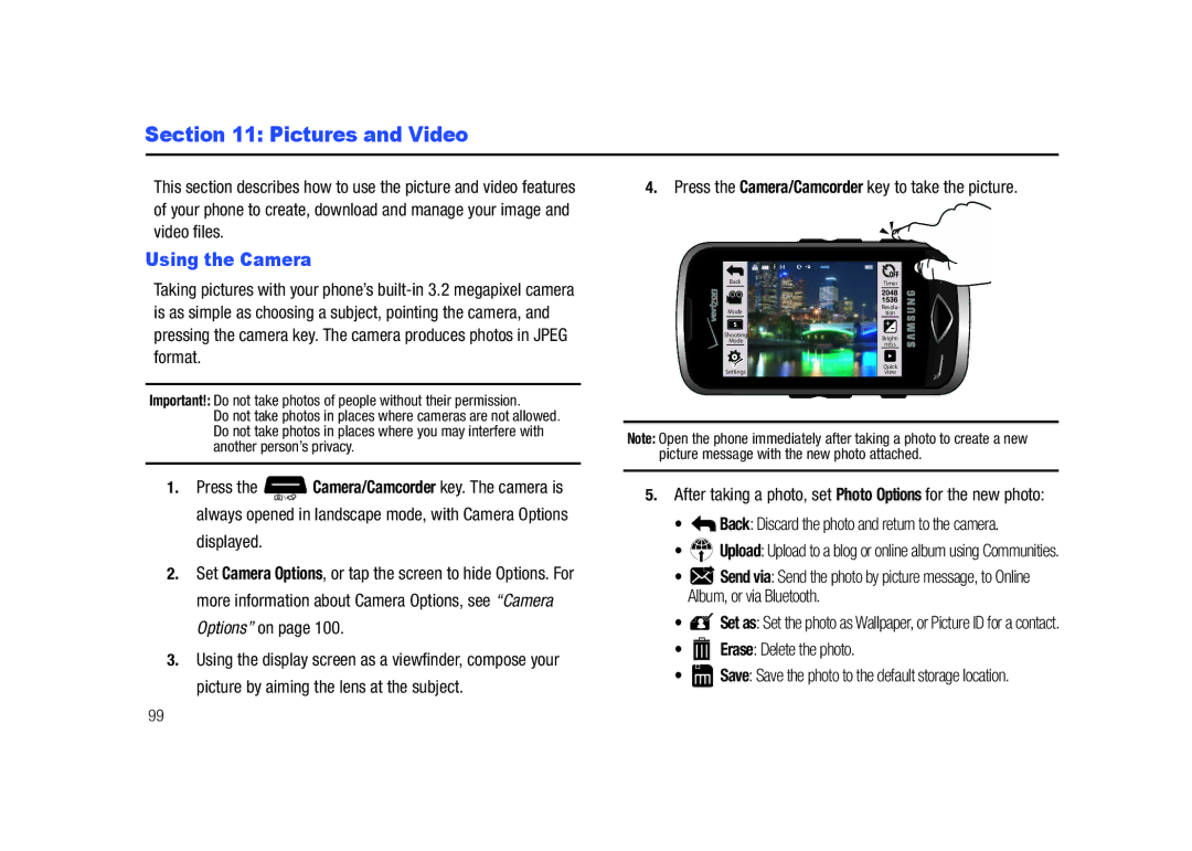 Samsung GH68-26940A, SCH-U820ZKAVZW user manual Pictures and Video, Using the Camera, Erase Delete the photo 