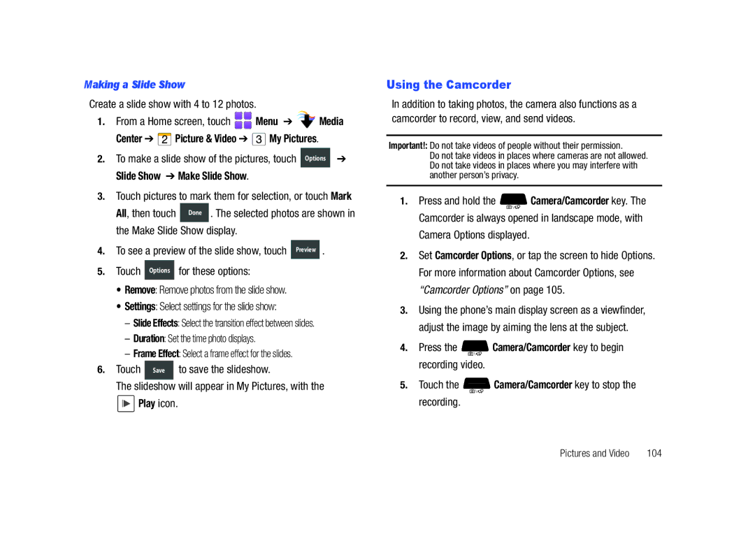 Samsung SCH-U820ZKAVZW, GH68-26940A user manual Using the Camcorder, Making a Slide Show 