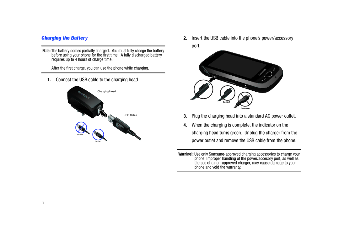 Samsung GH68-26940A, SCH-U820ZKAVZW user manual Charging the Battery, Connect the USB cable to the charging head 